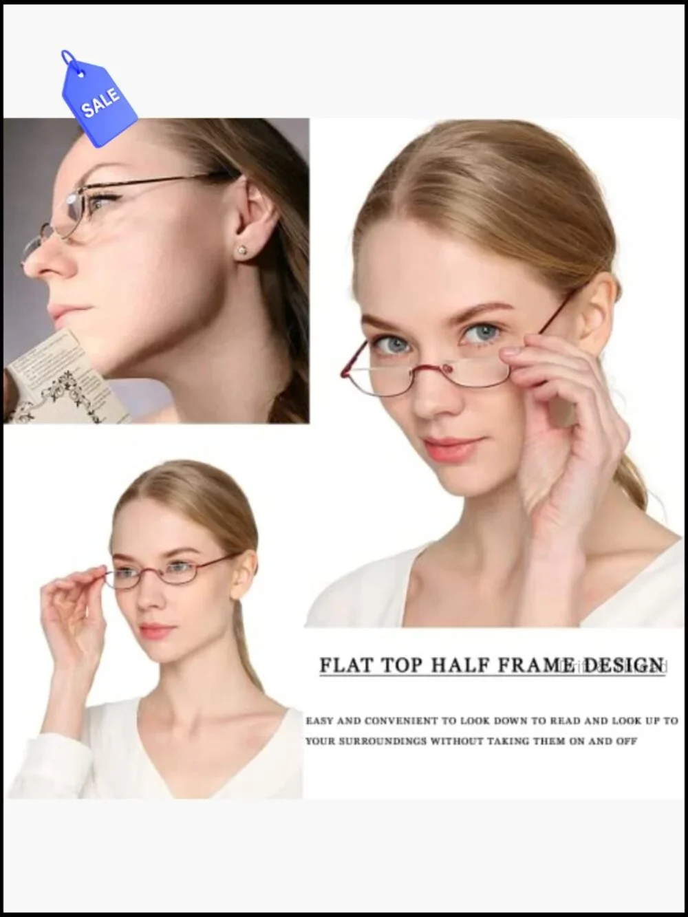 Half Moon Reading Glasses Slim Metal Semi Rimless 2 Pair